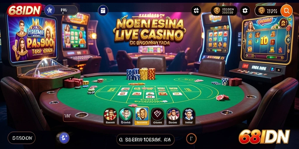 Screenshot gameplay 68IDN menampilkan dealer langsung dan suasana kasino yang mengesankan.