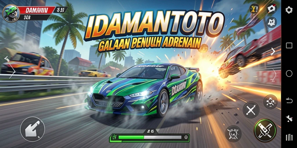 Screenshot gameplay IDAMANTOTO menampilkan balapan seru di lintasan kota.