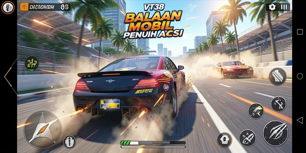 Screenshot gameplay VT38 menampilkan aksi balapan yang mendebarkan.