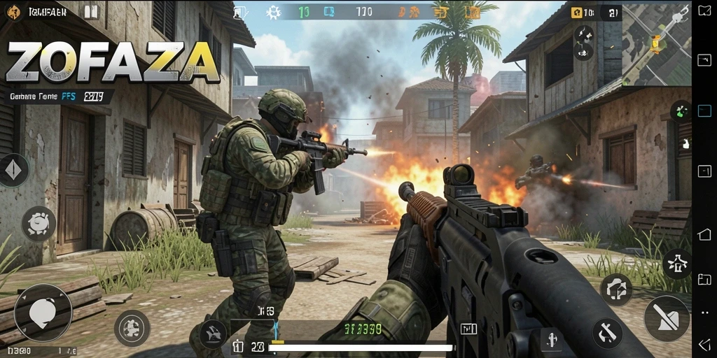 Screenshot gameplay ZOFAZA dengan visual menakjubkan dan aksi tembak-menembak seru.